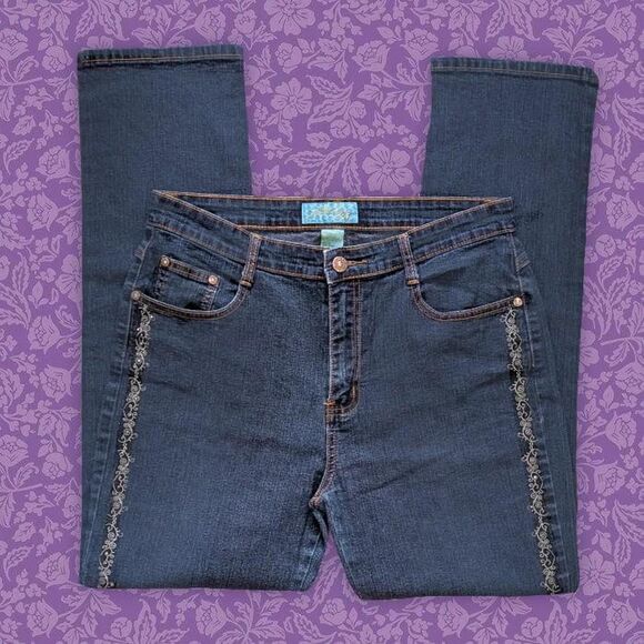 2000s Jean Bay Mid-Wash Embroidered Floral Straight Leg Jeans | Size 10 - Picture 1 of 5